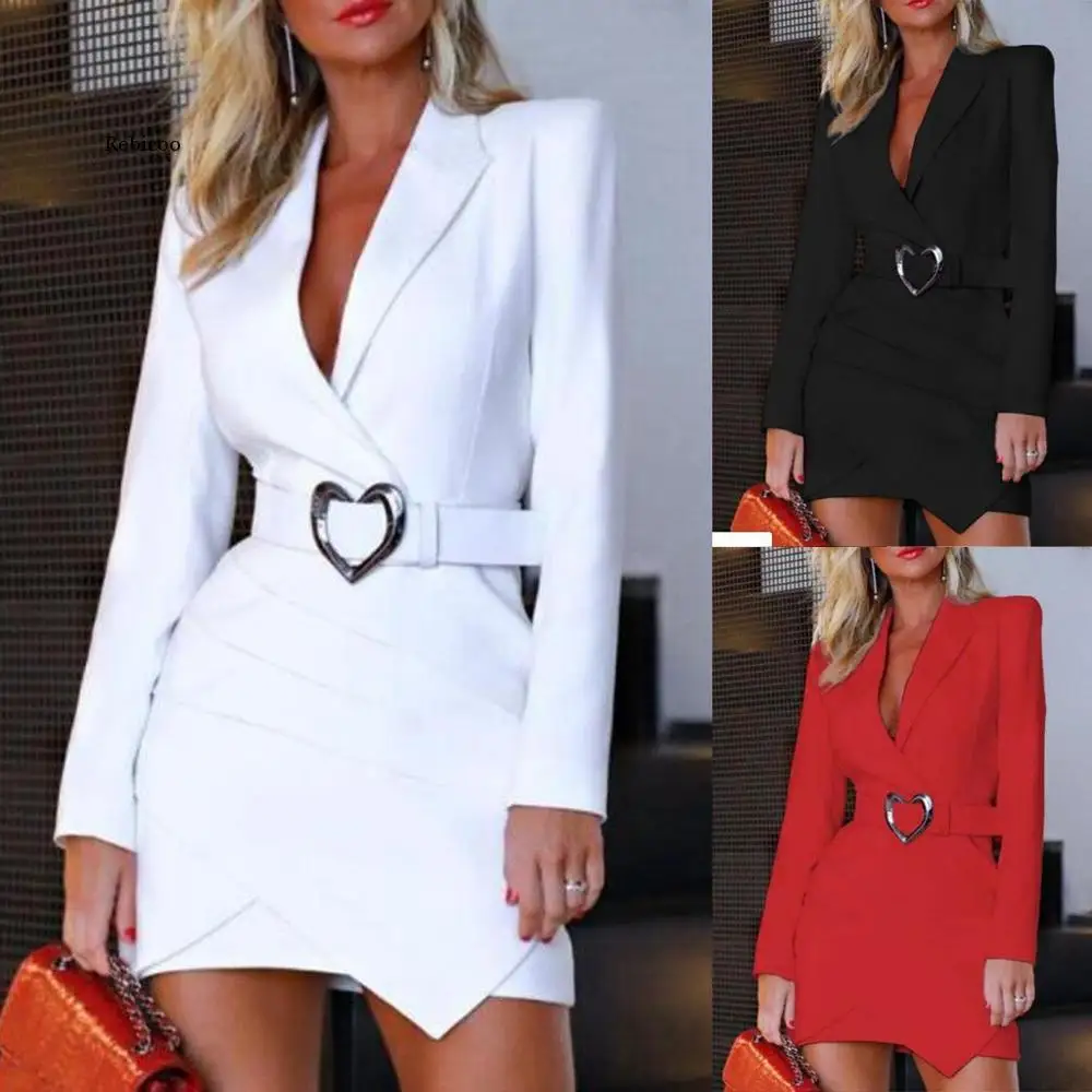 

Fashion Women White Blazer Dress Solid Turn Down Neck Long Sleeve Overlap Hem Brief Office Lady Workwear Dress vestidos