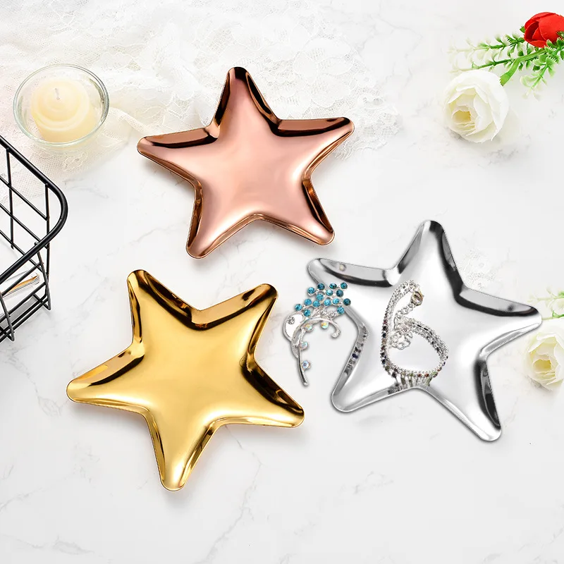 Five Pointed Star สแตนเลสสตีลเดสก์ท็อปเครื่องประดับถาด Multicolor ผลไม้เครื่องประดับเครื่องสำอางค์เก็บอาหารแผ่นกระทะจาน