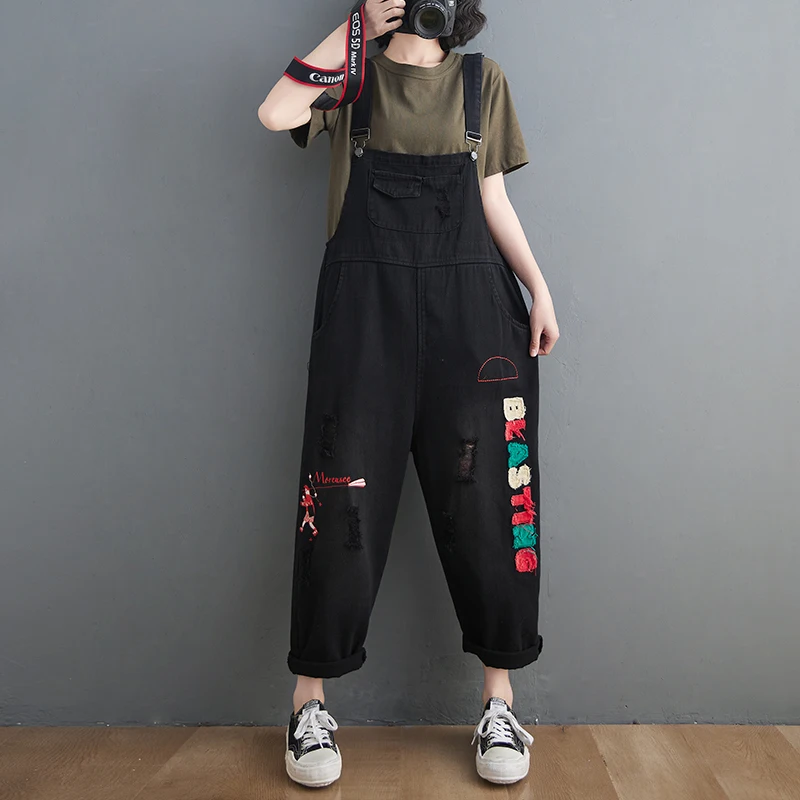 New Red Black Denim Overalls For Women Fashion Streetwear Jumpsuit Wide Leg Loose Baggy Bib Pants Ripped Combinaison Jeans Femme