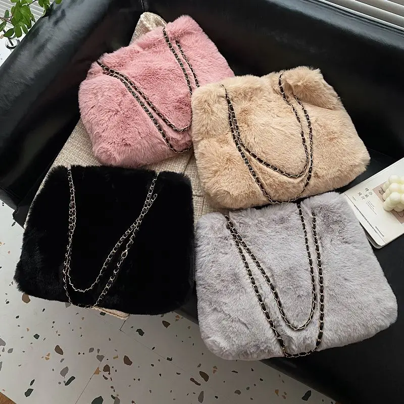Fluffy Bags Chain Solid Furry Luxury Designer Handbag Soft Fur Shoulder Bags Korean Fashion Plush Tote Bags For Women 2021 New