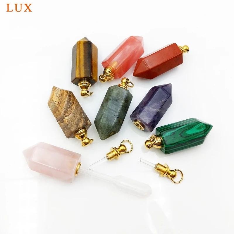 Natural Gemstone Hexagon Prism Pendants, Pointed Bottle Pendant, Chakra Crystal Labradorite Perfume Bottle Vials Pendant