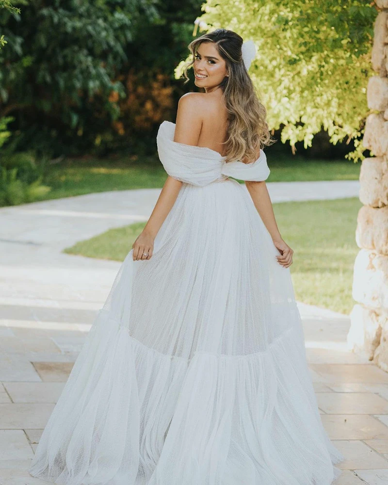 Sexy Sweetheart ​Ivory Ruffles Tulle Evening Dress Off The Shoulder Tiered Plus Size Prom Dresses 2021 A Line Wedding Party Gown