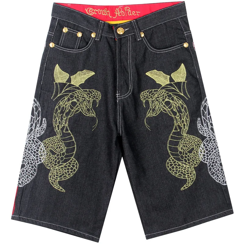 Men\'s Embroidery Hip Hip Denim Shorts Summer Plus Large Size Calf Length Staight Loose Skateboard Baggy Short Jeans hiphop 30-46