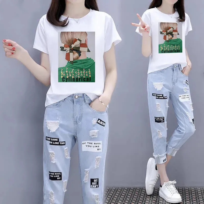 Single Piece/Set Women Summer 2023 New Short-Sleeved T-Shirt + Ripped Nine-Point Jeans Two-Piece Female Student Cowboy Pants426