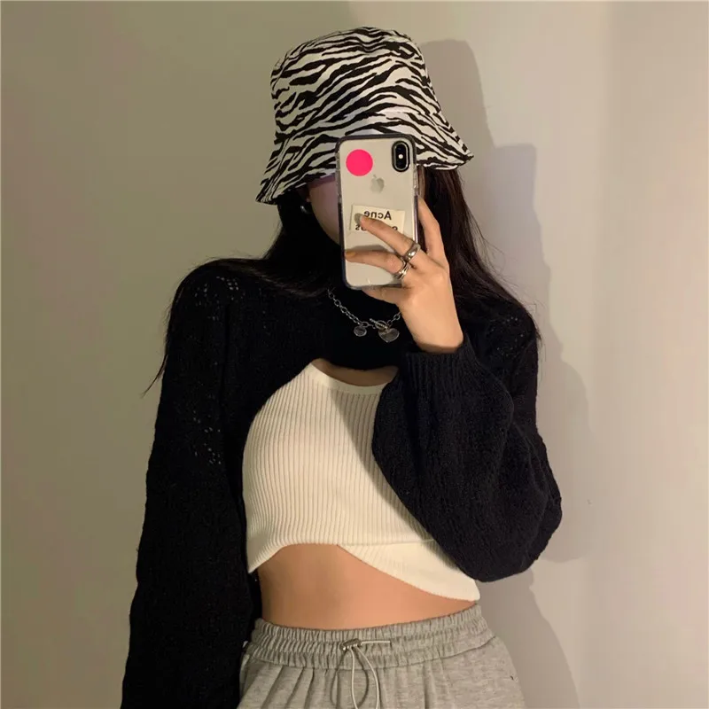 Karrram Simple Knitted Solid Long Sleeve Hollow Short Pullover Women Sweater Knit Fall Crop Top Sexy Outfit Cropped Cape Cloak