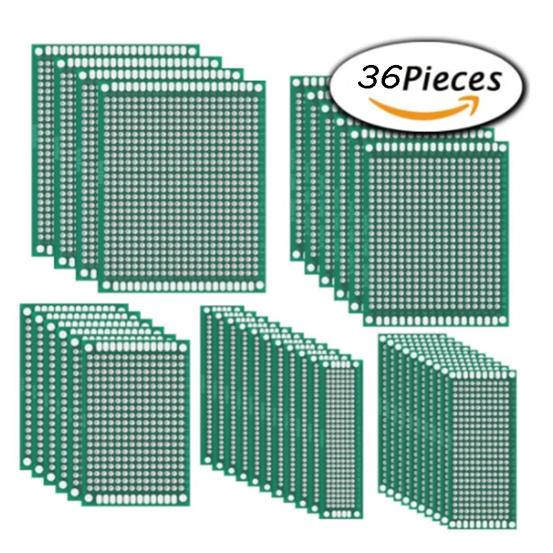 

HOBBYMATE 36 Pcs Double Sided PCB Board Prototype Kit for DIY Soldering and Electronic DIY projects 5 Sizes