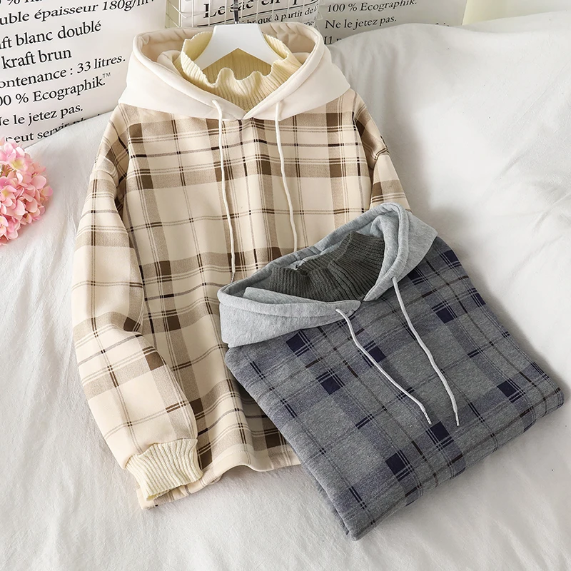 Harajuku Plaid Hooded Hoodie Women Loose Autumn Winter Thick Warm Pullover Sweatshirts Female Oversized Sudaderas Mujer