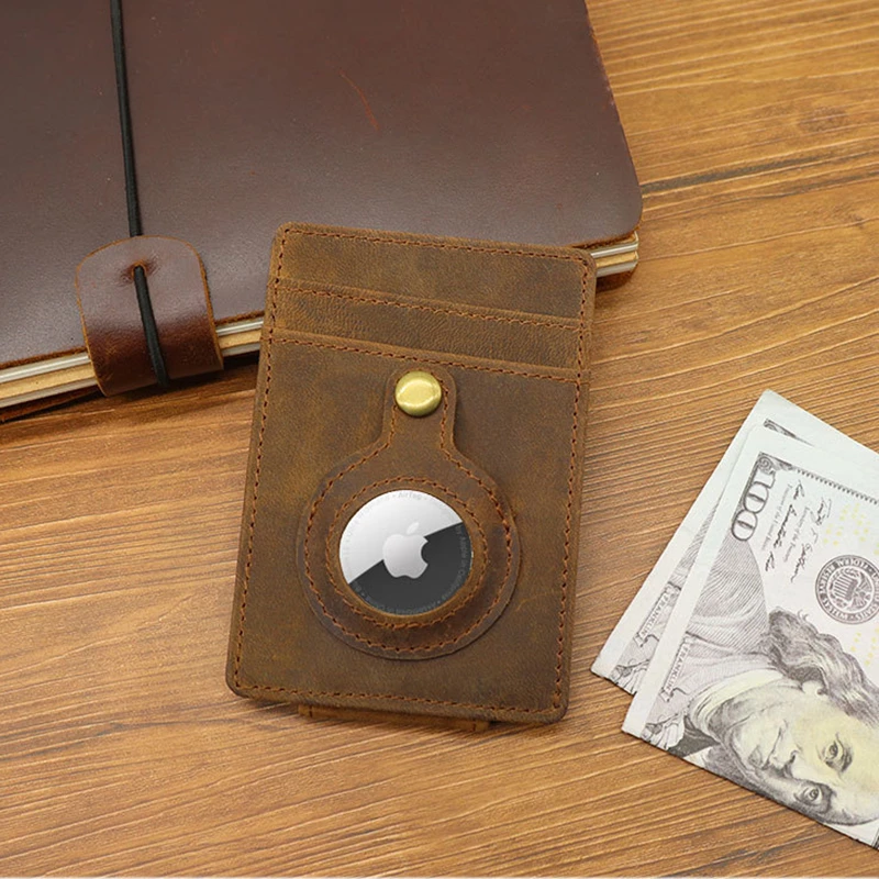 RFID Genuine Leather Card Holder Bank Wallet For Apple Airtags Protective Case GPS Locator Tracker Anti-lost Device Sleeve Cover