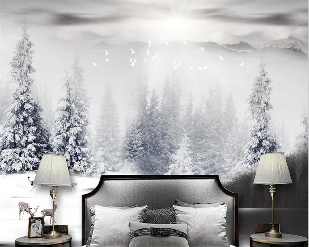 Modern home background wall wall decoration 3d wallpaper Snow forest elk bedroom TV background wall 3d wallpaper