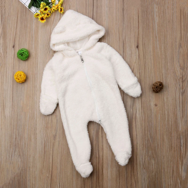 Newborn Toddler Baby Girl Boy Hooded Romper Jumpsuit Winter Outfits Fuzzy Fleece Plush Clothes 0-24Months