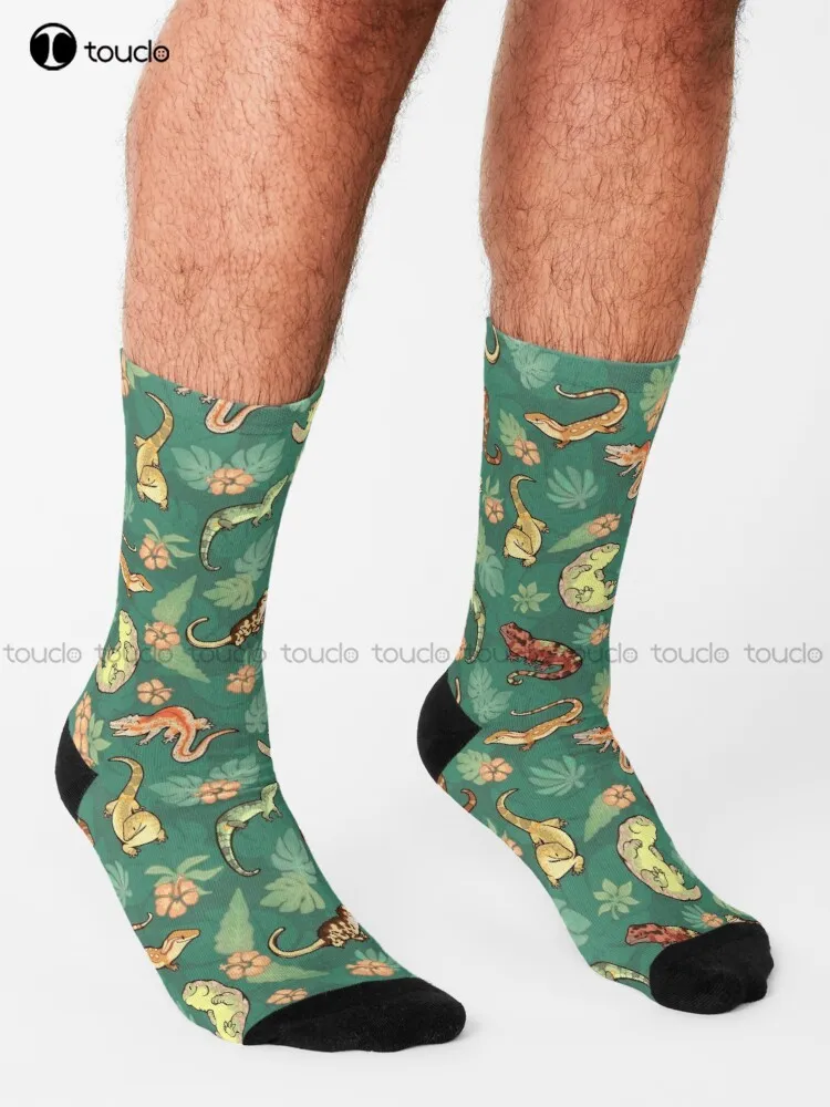 Gecko Family In Green Socks Graphic Socks Personalized Custom Unisex Adult Teen Youth Socks 360° Digital Print Hd High Quality