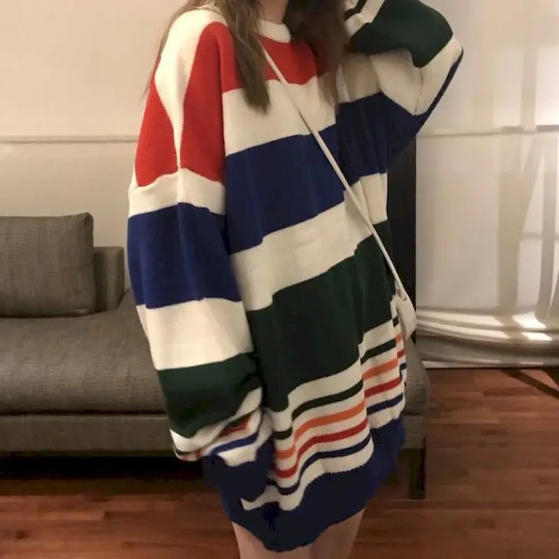 

Sweater women autumn and winter lazy striped sweater girl students sweet Korean loose round neck all-match coat trend