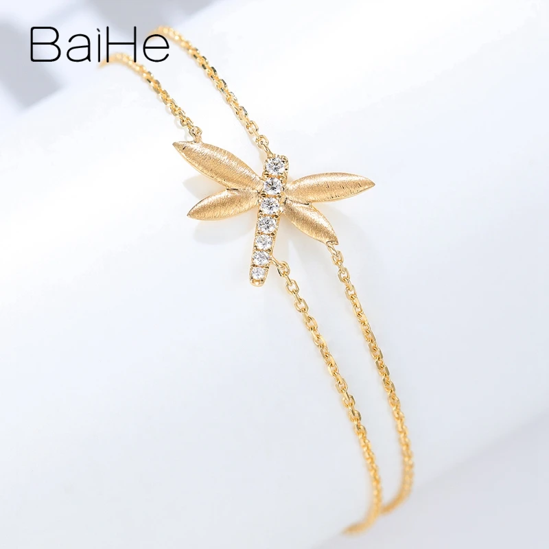 BAIHE Solid 18K Yellow Gold 0.09ct SI/H Natural Diamond Dragonfly Bracelet Women Trendy Fine Jewelry pulseras браслеты браслет