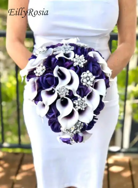 EillyRosia Calla Lily Purple Pearls Brooch Bouquet Bride Teardrop Wedding Flowers White Artificial Buque de Noiva Para Casamento