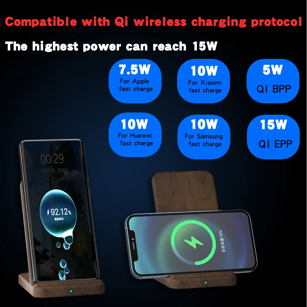 KEYSION 15W Wooden Quick Charge Qi Wireless Charger Stand For iPhone 13 Pro 12 11 XR X 8 Samsung S21 S20 Xiaomi Mi 11 Huawei P50