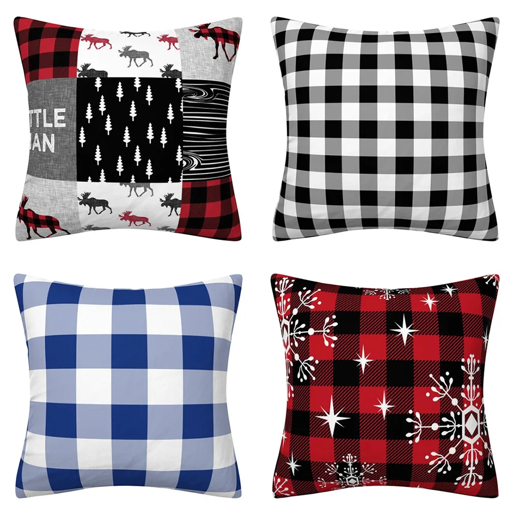 Red Plaid Cushion 30X50 Linen Pillowcase Elk Merry Christmas Decorative Pillows Sofa Cushions