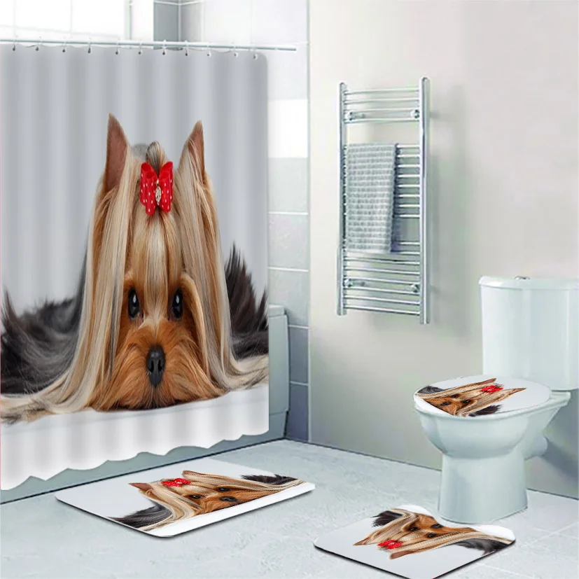 Cute Lying Yorkshire Terrier Bathroom Curtains Shower Curtain Set Grooming Yorkie with Bow Dog Puppy Bath Mats Pet Animal Decor