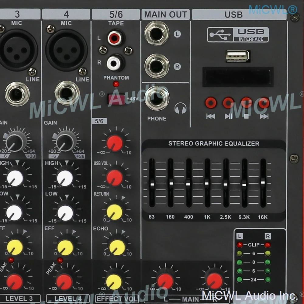 6 قناة خلاط مع 400 واط مكبر كهربائي بلوتوث ستيريو الصوت خلط Consol المدمج في 2x200 واط الطاقة أمبير 48 فولت تسجيل