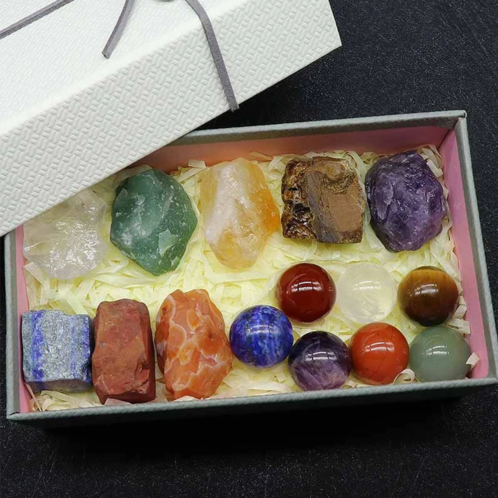 

7 Chakra Crystal Rough Stone Round Balls Gift Box Set Reiki Healing Energy Gemstone Meditation Mineral Collectibles Home Decor