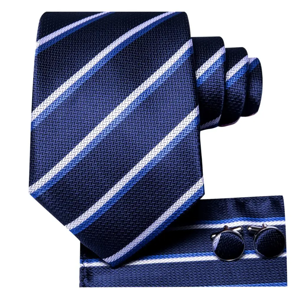 Blue White Striped Silk Wedding Tie For Men Handky Cufflink Gift Men Necktie Set Fashion Design Business Party DropshipingHi-Tie