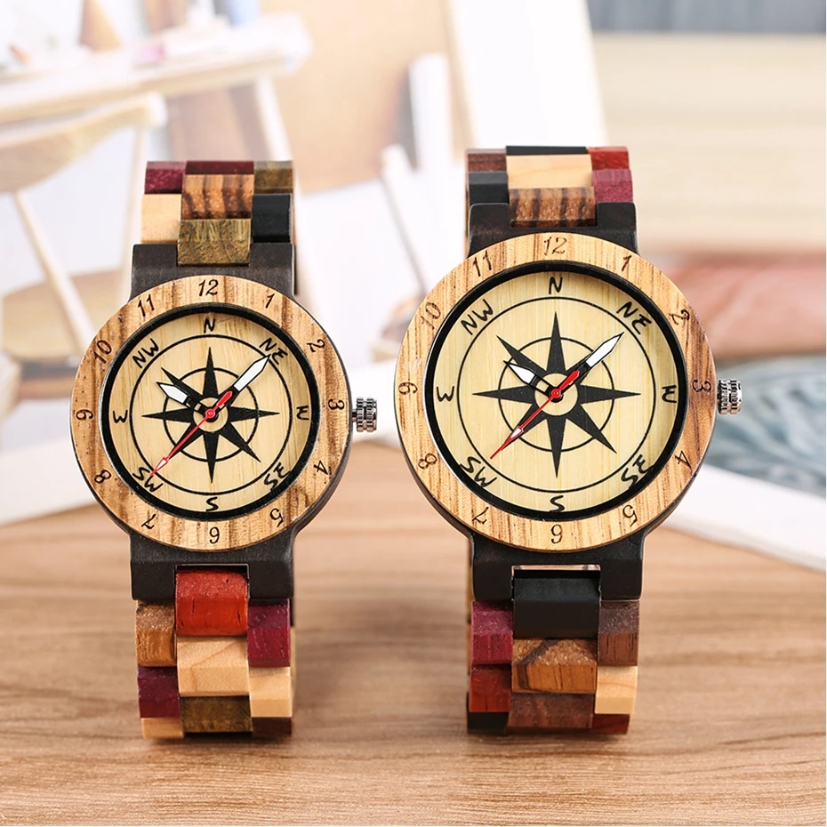 

Lovers Watch Couple Gifts Creative Mixed Color Compass Design Wood Watch Clock Male Full Wooden Bangle Quartz Analog Wristwatch