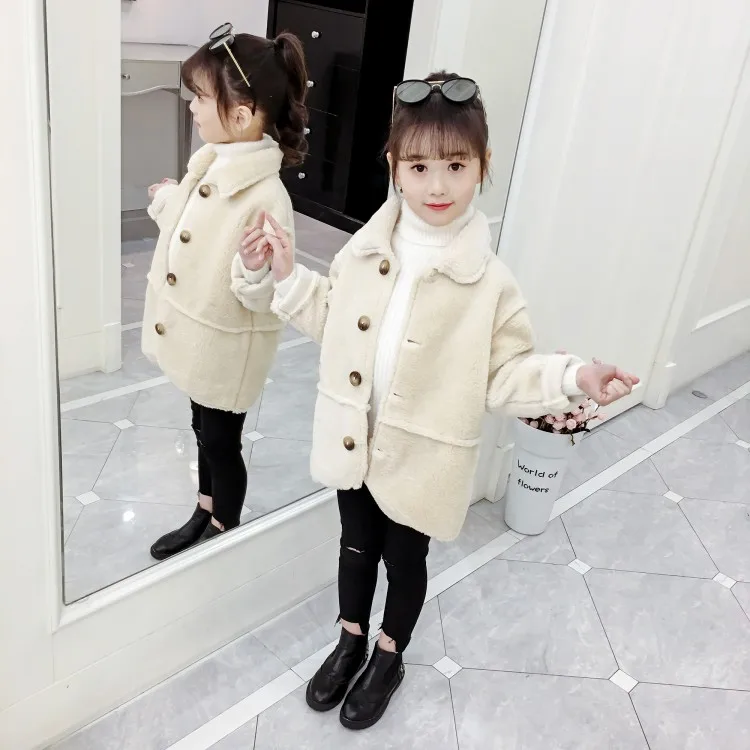 Girls Elegant Soft Fur Coat Autumn & Winter 2019 New Children's Velvet Woolen Jacket Students Kids Beige Outerwear ClothesP258