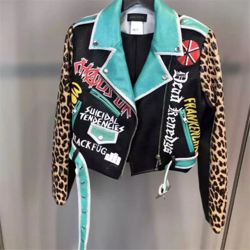 Spring Autumn New Short Leopard Printing PU Leather Jacket Women Letter Print Lapel Belted Coat Motorcycle Style Jacket Y1161