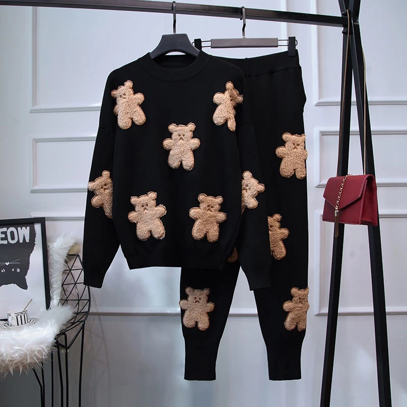 2021 Spring Autumn Women Fashion Long Sleeve Bear Patch Knitting Sweater Suit + Little Feet Casual Pants Female Two Piece Sets