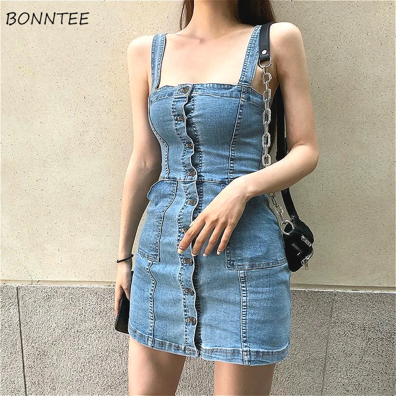 Sleeveless Dress Women Hot Summer High Waist Denim Sexy Mini Ladies Bodycon Dresses Party Club Vintage Trendy Womens Clothes New