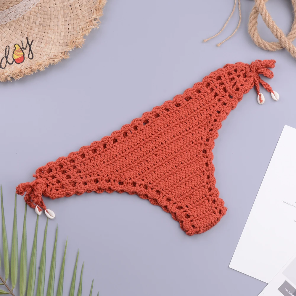 Women Sport Sexy Bikini Thong Summer Handmade Crochet Swimwear Bikini Bottom Hollow-Out Low Waist Bathing Suit