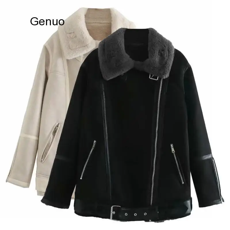 Women Fashion with Fur Faux Suede Thick Warm Jacket Coat Vintage Long Sleeve Pockets Female Outwear Chic Tops