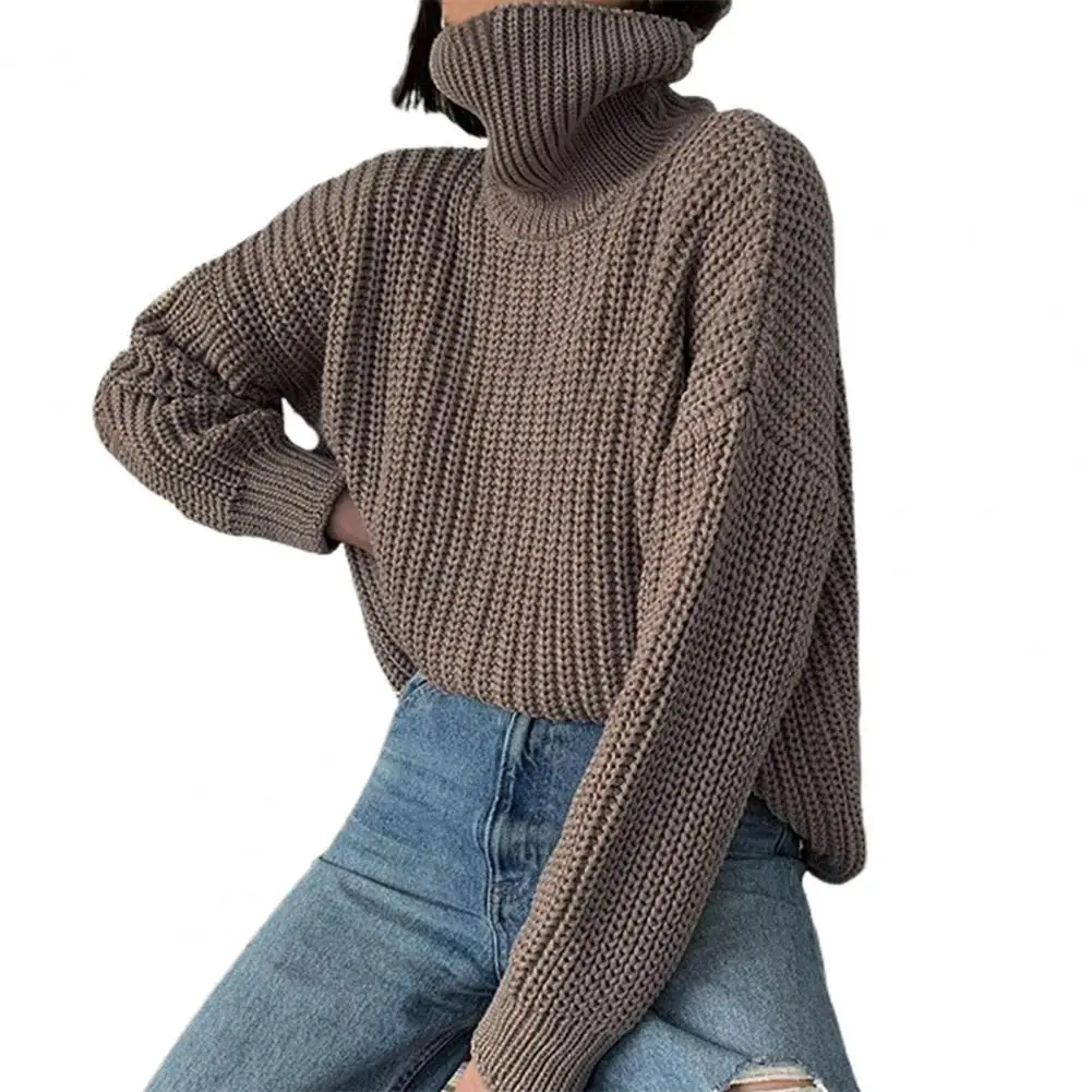 Women Sweater Plain Weave All Match Autumn Winter Solid Color High Neck Loose Knitted Pullover for Daily Wear