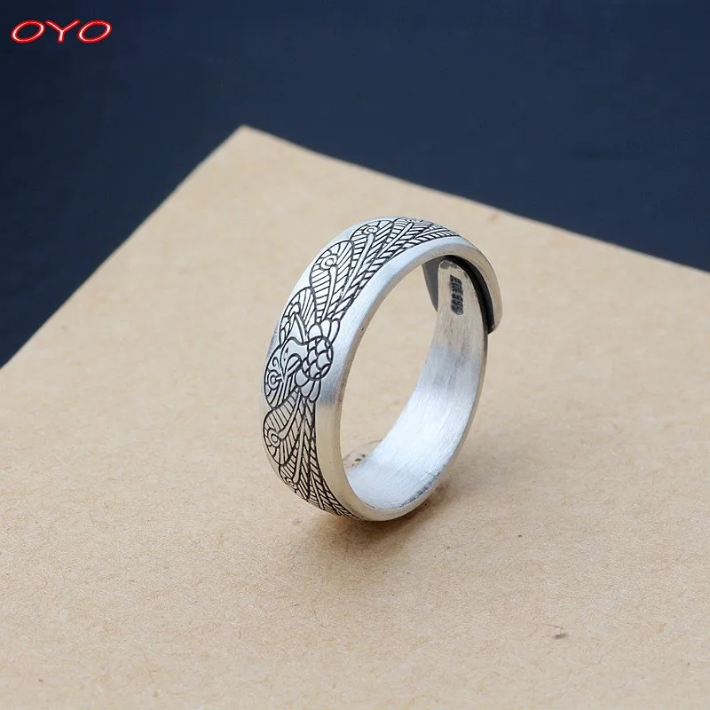 

New product pure silver 999 retro matte peacock open ring, adjustable ring can be worn by men and women