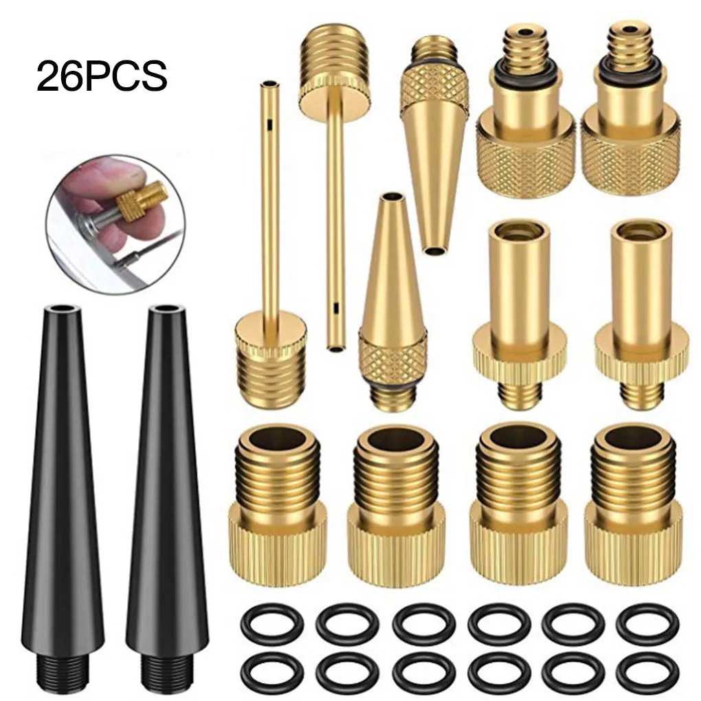 Valve Adapter Set 26pcs Bicycle Car Valve Adapter Kit Set for Air Compressor Bike Floor Pump Bicycle Accessories Gold