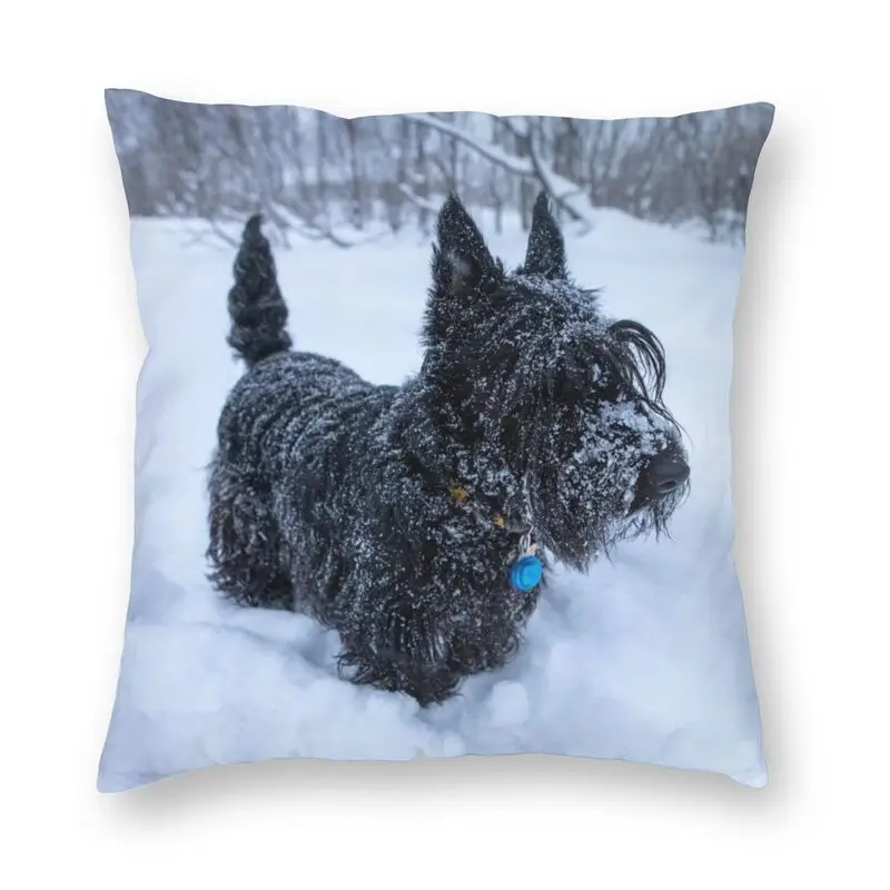 Scottish Terrier In A Winter Snow Throw Pillow CaseHome Decorative Custom Square Scottie Dog Cushion Cover Pillowcover for Sofa