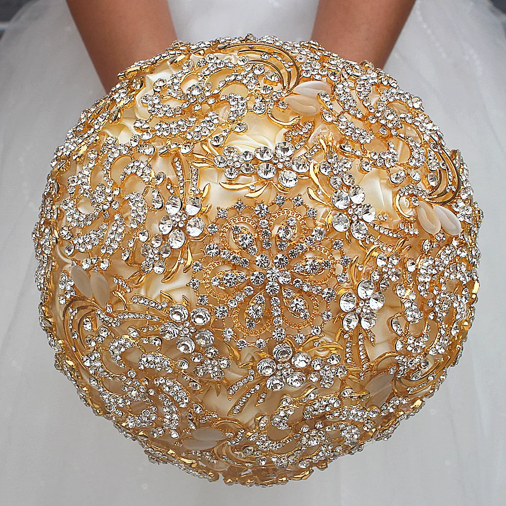 Handmade Satin Ribbon Wedding Bridal Bouquets  Artificial Flower Gold Crystals Rhinestones Sweet 15 Quinceanera Bouquets W888G