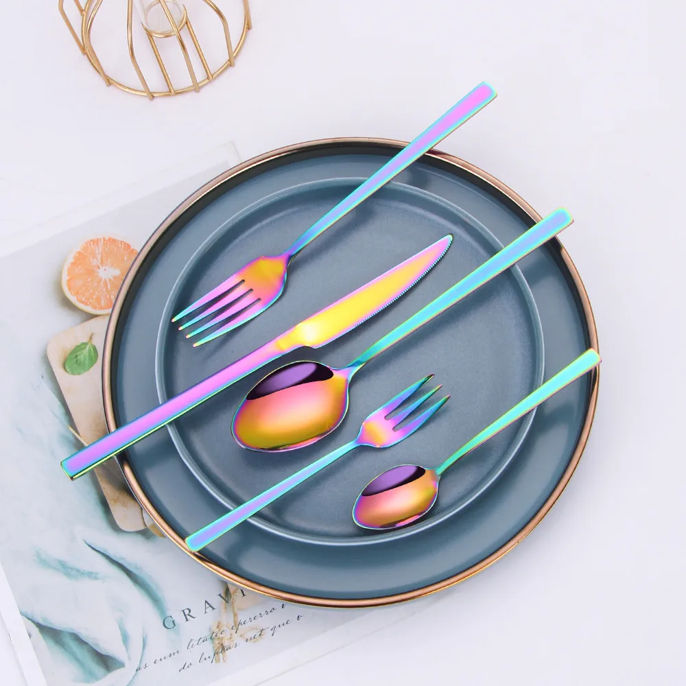 Tableware Sets Stainless Steel Cutlery Spoon Fork Knife Set Gold Cutlery Rainbow Dinnerware Set 5 Pieces with Tea Fork