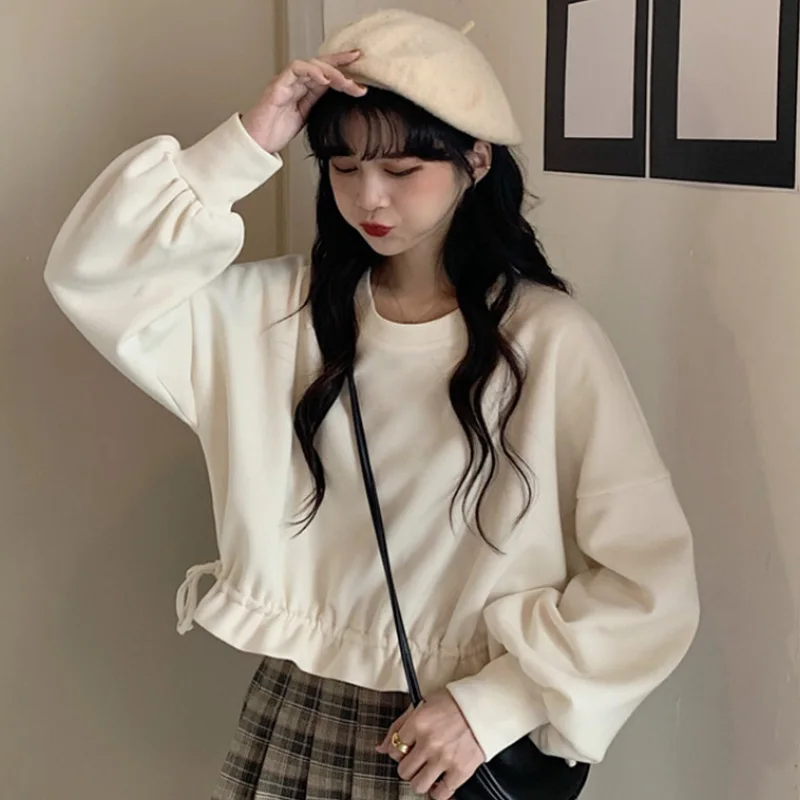 Cropped Hoodies Women Sweet Solid Apricot Design Shirring O-neck Baggy Sweatshirts Japanese Style Long Sleeve Tops Students Chic