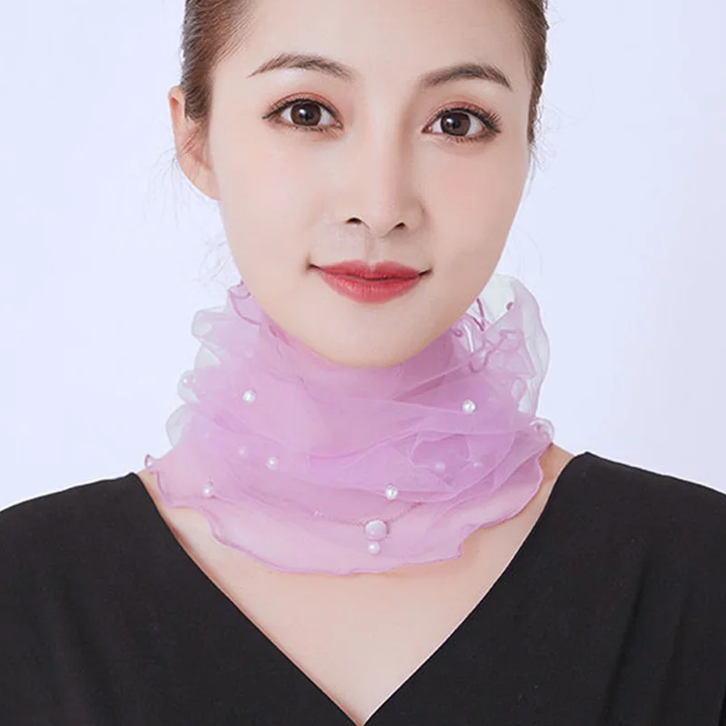 Korean Women\'s Mesh Elastic False Collars Neck Protective Sleeves Headwear Bib Summer Lace Pearl Thin Sunscreen Scarf P55