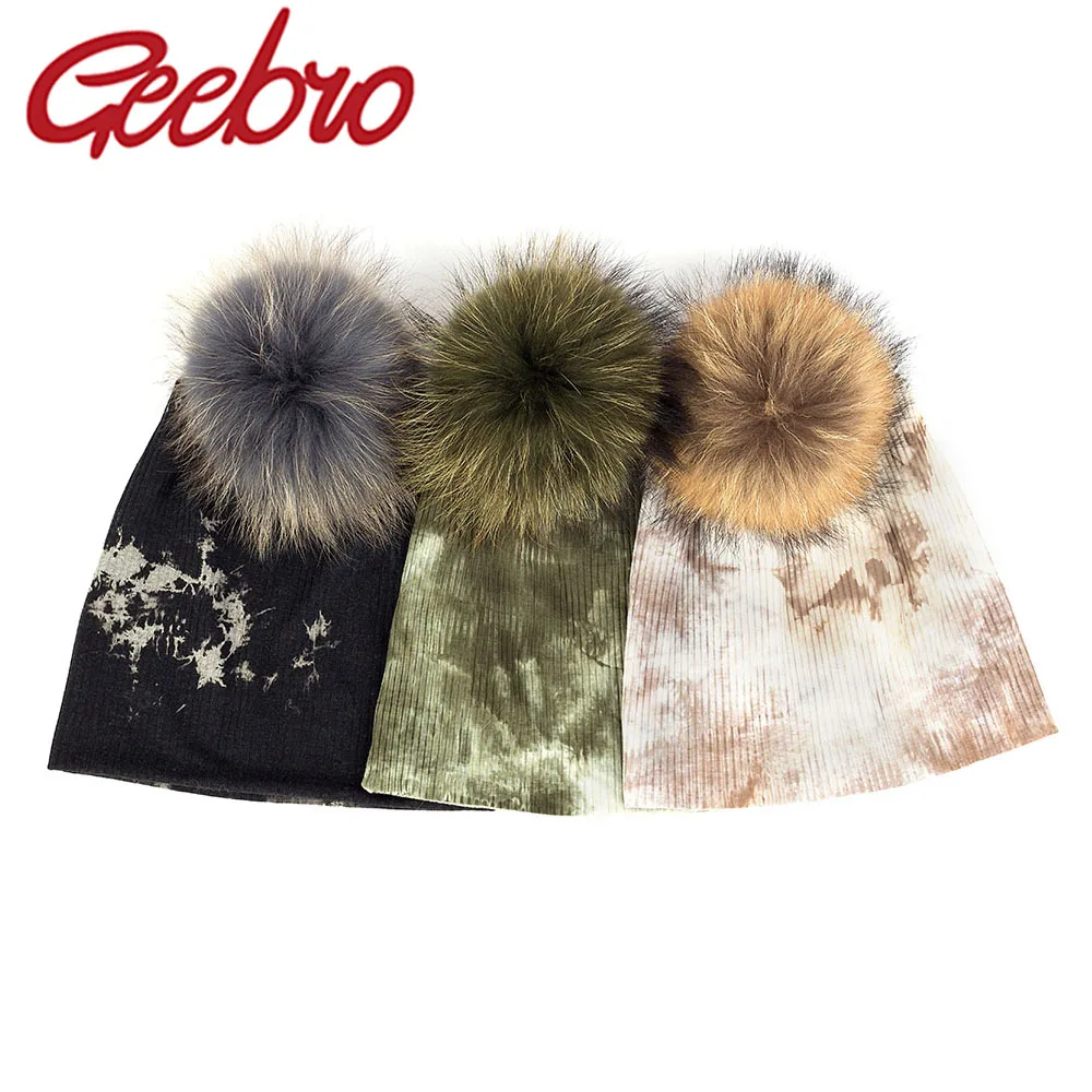 Geebro Women Cotton Girl Tie Dye Skullies Beanies With Real Raccoon Fur Pompom Hats Men Boy Fashion Winter Warm Soft Caps Bonnet