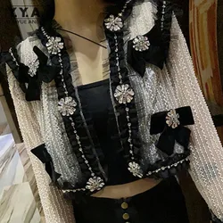 New Designer Women Crystal Beading Short Jacket Summer Hollow Out Sexy Coat Ladies Party Shiny Diamonds Bowknot Ruffles Jackets