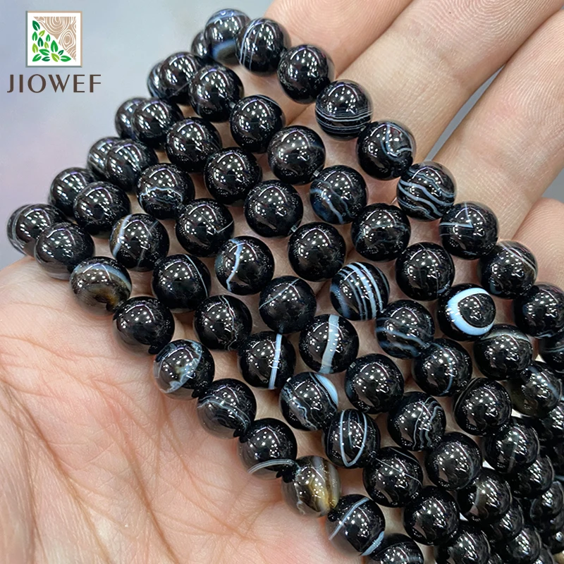 Cuentas redondas de ágatas a rayas de encaje negro con bandas naturales, accesorios de pulsera Diy para la fabricación de joyas, hebra de 15 \