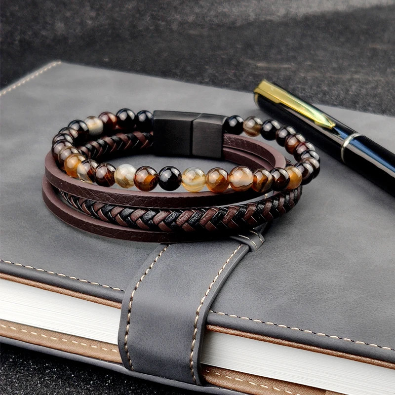 Boho Schmuck Perlen Leder Charm Armband für Männer Frauen Edelstahl Naturstein Rosenkranz Liebesarmband Armreif Geschenk Großhandel