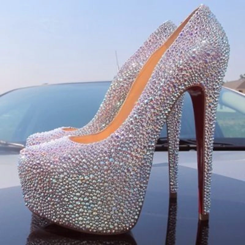 Luxurious Diamond Pumps Shiny Crystal Studded Closed Toe Stiletto Heel Wedding Shoes Platform Slip On Thin High Heel Dress Shoes