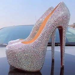 Luxurious Diamond Pumps Shiny Crystal Studded Closed Toe Stiletto Heel Wedding Shoes Platform Slip On Thin High Heel Dress Shoes