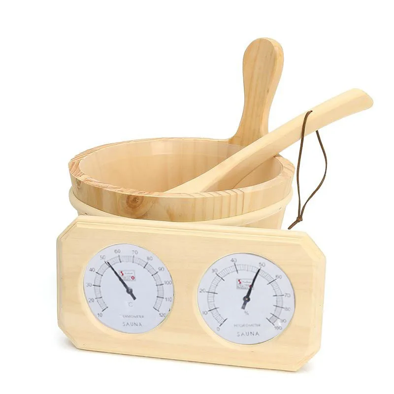 Thermometer Hygrometer + Dipper + Bucket 3pcs/set Pine Wood Sauna Accessory Set 20-140C