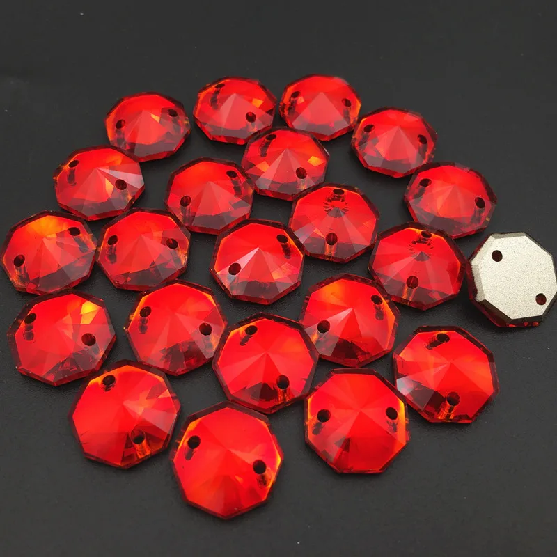 14mm 28 pcs Round Octagon Sew On Stones Siam Red With 2 Holes Flatback Sewing Rhinestone For DIY Dress Jewelry