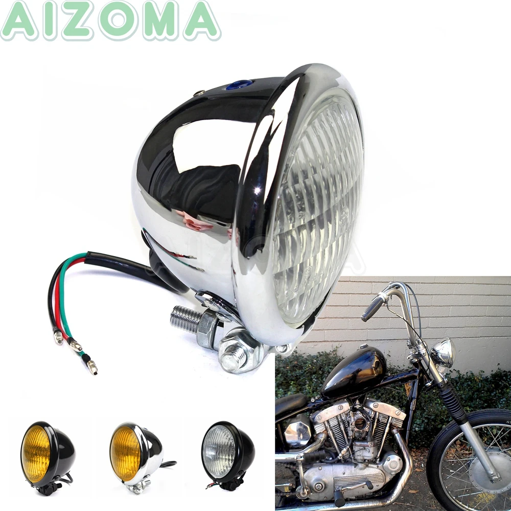 Chrome 4.5\'\' Retro Motorcycles Bates Style Headlight Head Lamp For Harley Street Bob Chopper Cruisers Custom H4 Front Lights