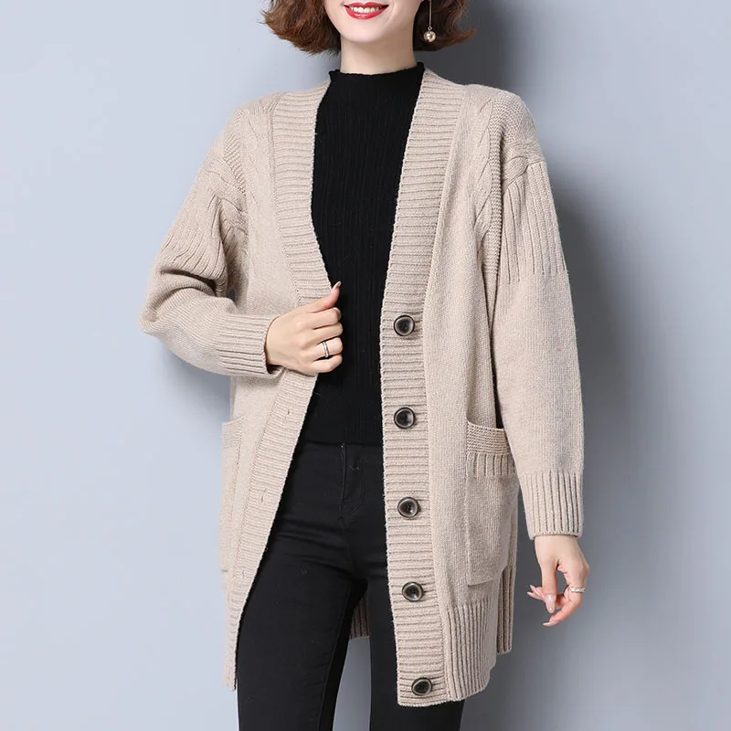 Fdfklak New Fall Winter Long Sleeve Loose Wool Sweater Women\'s Knitted Cardigan Button Single-Breasted Sweater Pull Femme