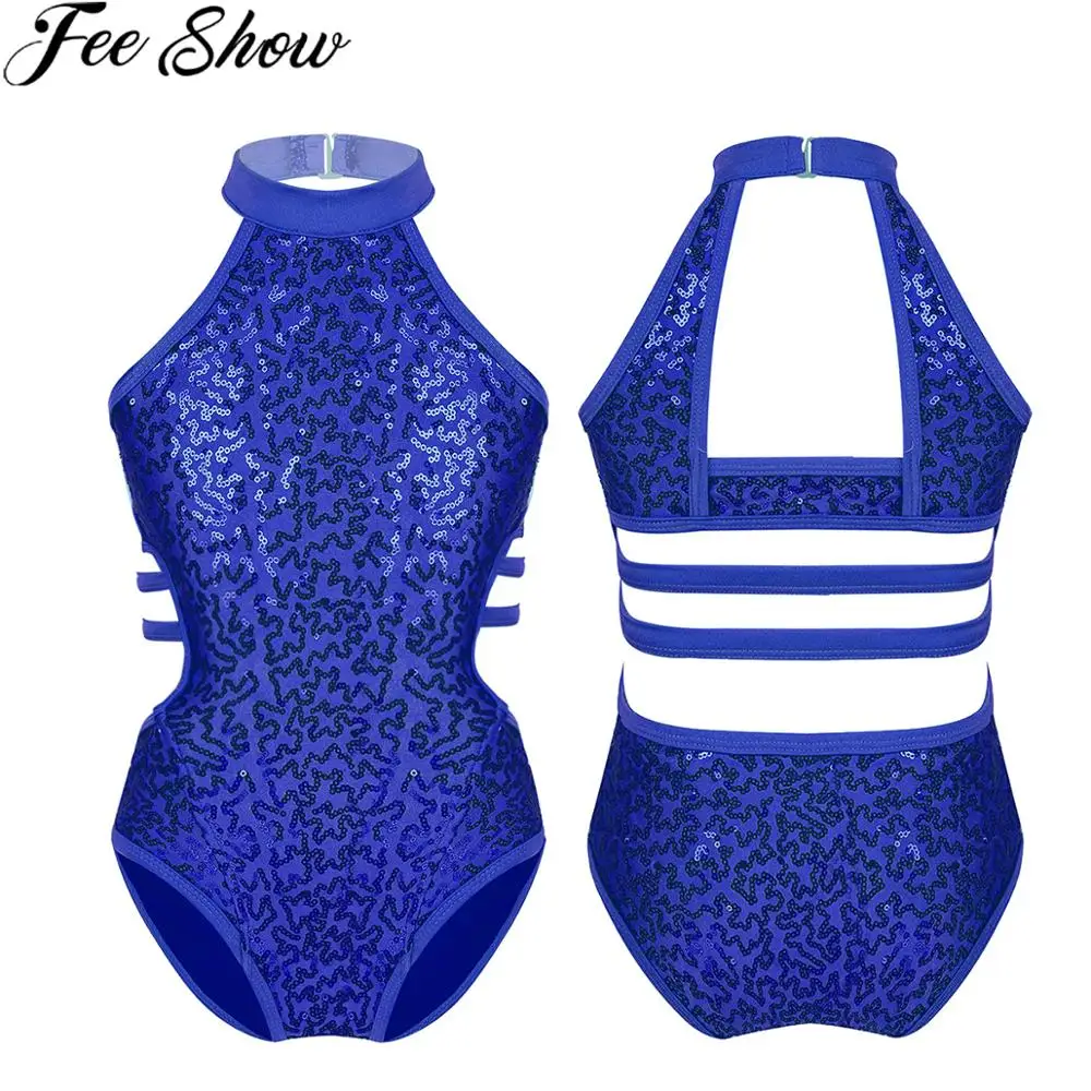 FEESHOW Ballet Dance Leotard Costume Girls Sleeveless Sparkly Sequined Cutouts Back Strappy Waist Rhythmic Gymnastics Clothes